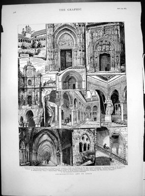 Print Architectural Art Spain San Feo Cordov Seville Valencia Tarragona 1883