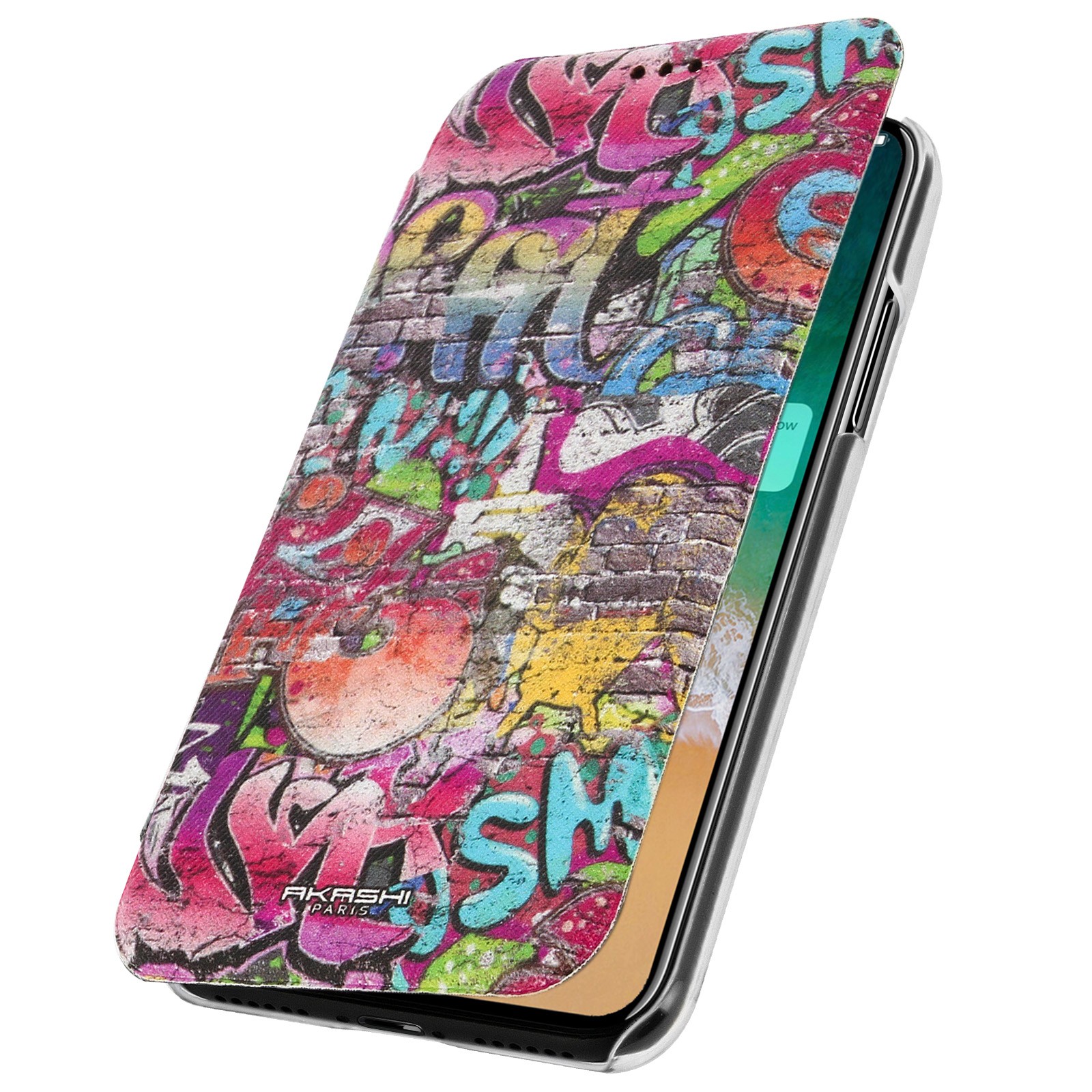 Etui clapet iPhone X motif graffiti multicolore en similicuir resistant avec rangement