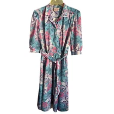 Vintage Floral Blouson Dress Sz Large California Looks Tie Belt Retro Secretary
