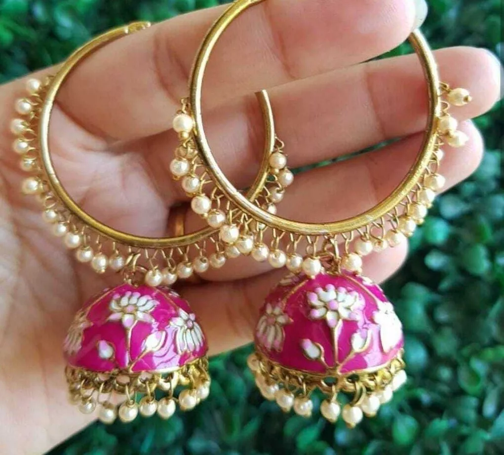 Indian Bollywood Style Hot Pink Enameled Pearl Jhumka Earrings Girls  Jewelry Set