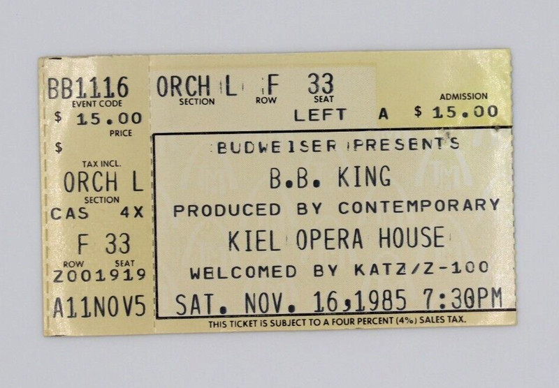 B.B. King Concert Ticket Stub Nov 16, 1985 Kiel Opera House St. Louis, MO