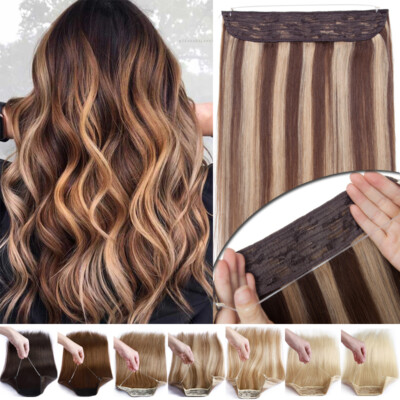 Invisible Wire In Remy Human Hair Extensions Hidden Headband Weft 18'' Long Blond