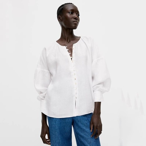 Massimo Dutti Women's White Round Neck Fashion Solid Color Long Sleeve Shirt