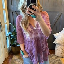 M New Purple Lace Crochet Boho Folk Tunic Blouse Top Cover-Up Womens MEDIUM OS