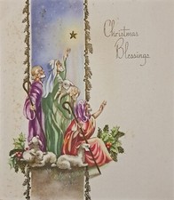Christmas Card Vintage Shepherds Star Bethlehem Holly Berries Pine Religious DA