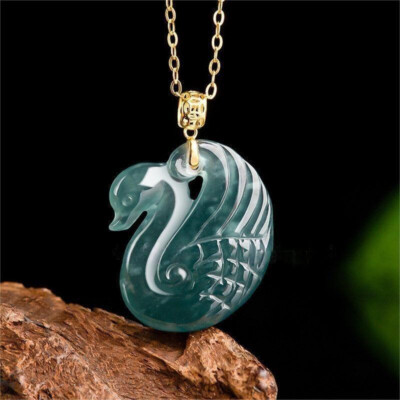 18K Natural Certified BlueWater Swan Carved Amulet Pendant Necklace Jewelry Gift