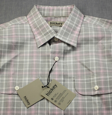 Hickey Freeman Mens Gray Pink & White Plaid Checker Wicking LS Shirt NWT M  $125
