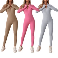 Women Full Bodycon Jumpsuit Bodysuit Long Sleeve Stretchy Skinny Rompers Catsuit