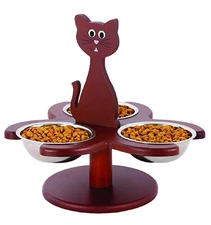 Pet Store Wood Multi-Cat Raised Feeder with 3 Metal Bowls