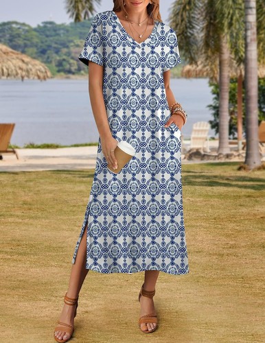Summer Floral V-Neck Maxi Dress Short Sleeve Casual Beach Dress with Pockets - Picture 63 of 109