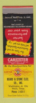 Matchbook Cover - Carter Carburetors Bread Stone Electric Waco TX