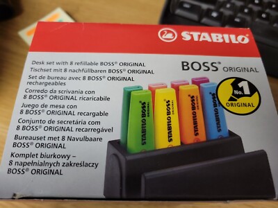 Stabilo Boss Original 8 Highlighter Markers Asst Colors with Desk Holder. NEW!
