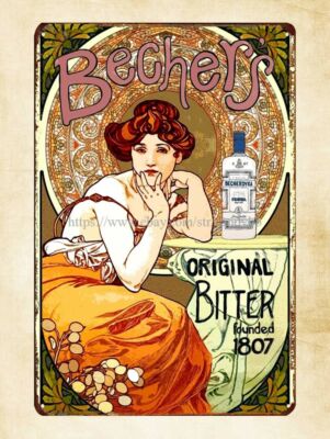 wall Art Nouveau Bechers Original Bitter 1807 Alphonse Mucha metal tin sign