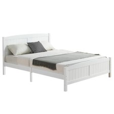 Modern Twin Full Queen Size Wood Bed Frame with Wooden Slat Headboard White Gray