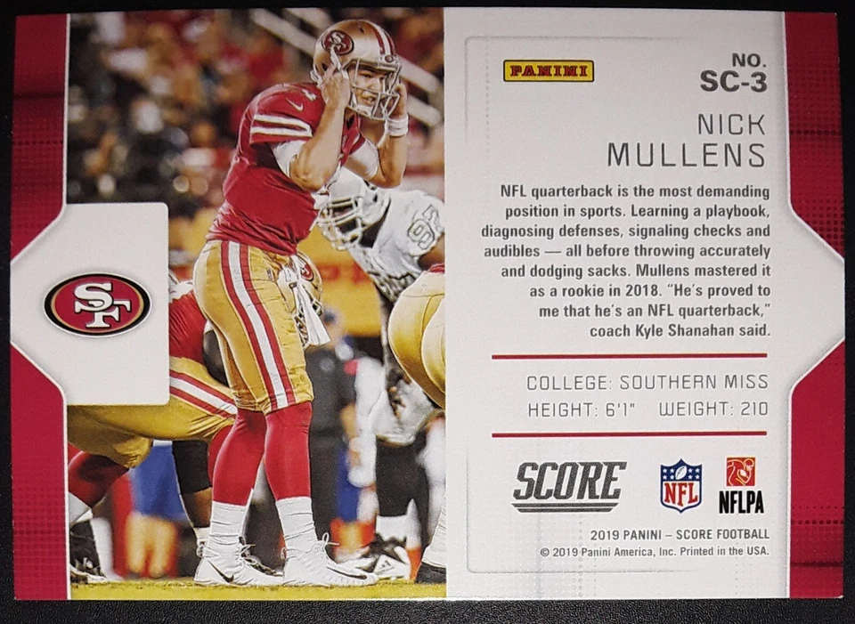 2019 Score Signal-Caller NICK MULLENS San Francisco 49ers Holo Refractor SC-3 - Image 2 of 2