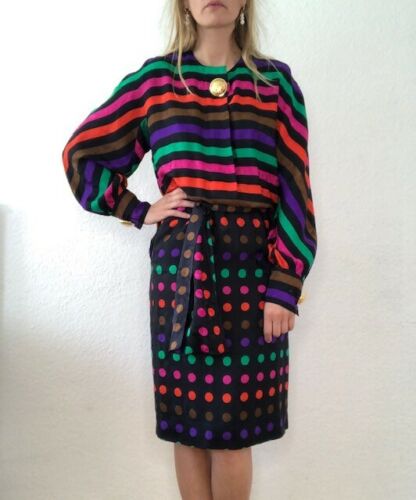 Vintage AKRIS 80s Dress 100% Silk Sz 40 Dots & Stripes Pattern Elegant Chic - Picture 1 of 10