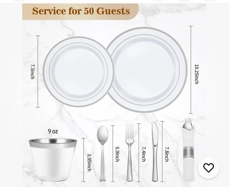 350 Pc Set- Silver Plastic Plates Disposable Silverware & Cups Set for 50 Guests - Image 3 of 4