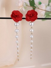 Red Rose Flower Faux Pearl Long Dangle Earrings One Size