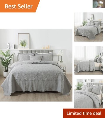 Stylish Rustic Grey King Quilt Set - Oversized 128x120, Lightweight & Reversible