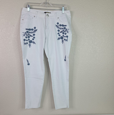 Suzanne Betro White Ankle Jeans with Navy Floral Embroidery