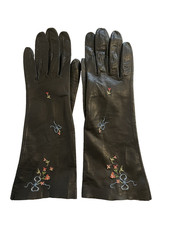 Black Leather Floral Embroidery 11-1/4"L Mid Forearm Gloves 7-1/2