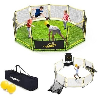 Gaga Ball Pit with Basketball Hoop & Soccer Goals