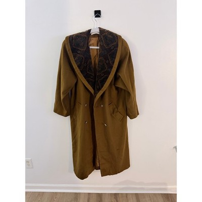Vintage Donnybrook Camel Brown Wool Blend Long Coat Paisley Shawl Collar-Size 10