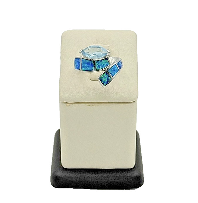 925 Sterling Silver Opal & Blue Topaz Ring - Size 9