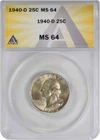 1940-D Washington Silver Quarter MS64 ANACS