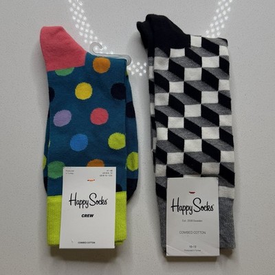2 Pairs NWT Happy Socks Black White Multi Polka Dots Crew Socks US Men 10-13