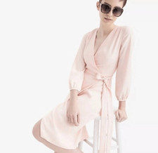 J. Crew Wrap Dress Crepe Cream Pink Tie Waist Long Sleeves Size 10T