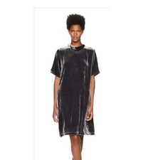 Eileen Fisher Velvet Shift Mini Dress Silk Gray Short Sleeve Mock Neck Size L