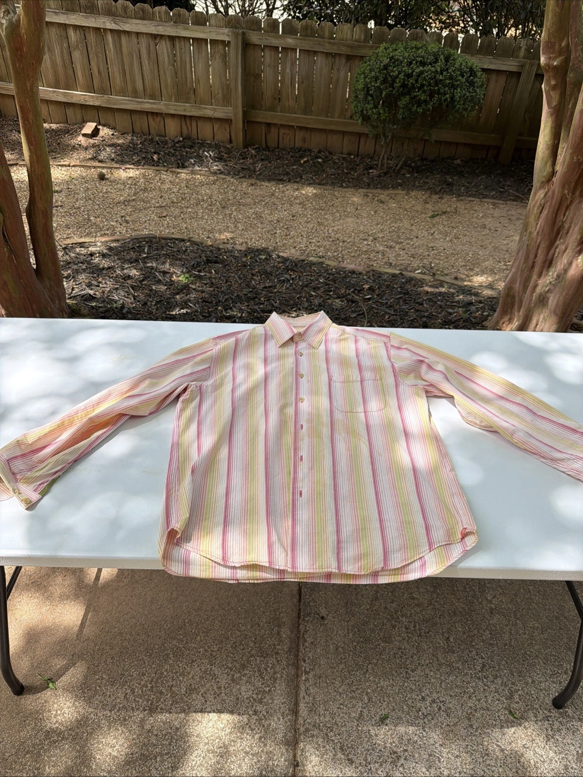 Tommy Bahama Shirt Mens L Pink Yellow Stripes Long Sleeve Vacation
