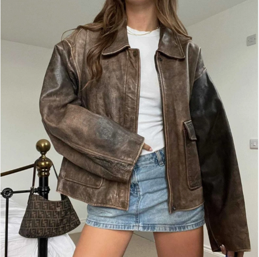 Oversized Brown Leather Jacket 90s Women Genuine Leather Bomber Oversize Jacket