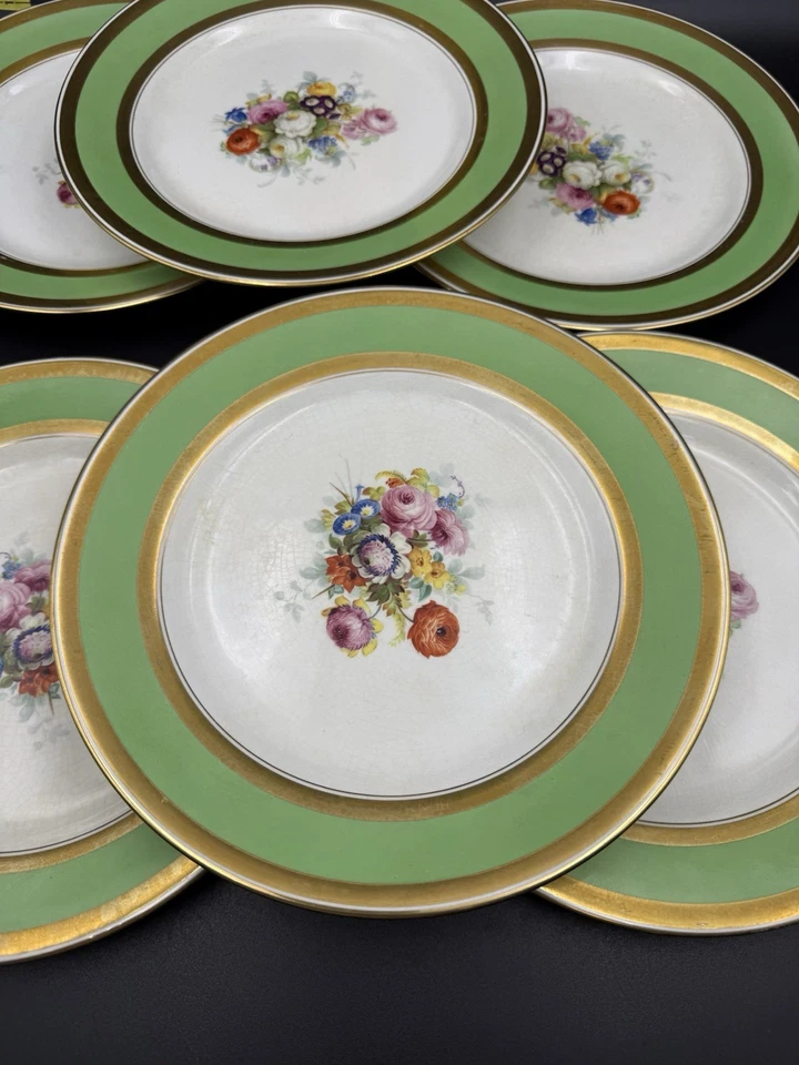 Set  Of 6 Johnson  Bros England for Ovington Bros NY 8.75” Green Gold Rim Plate - Image 4 of 4