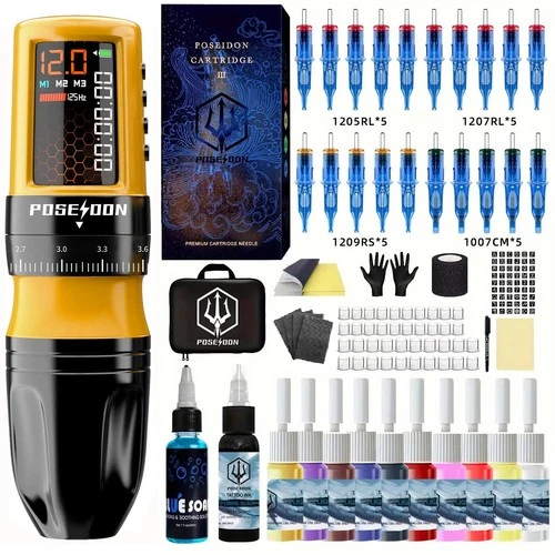 POSEIDON Tattoo Kit Yellow Tattoo Pen Kit For Permanent Makeup Tattoo Machine video thumbnail