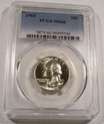 1963 PCGS MS66 WASHINGTON QUARTER VERY WHITE 25c SILVER MS 66