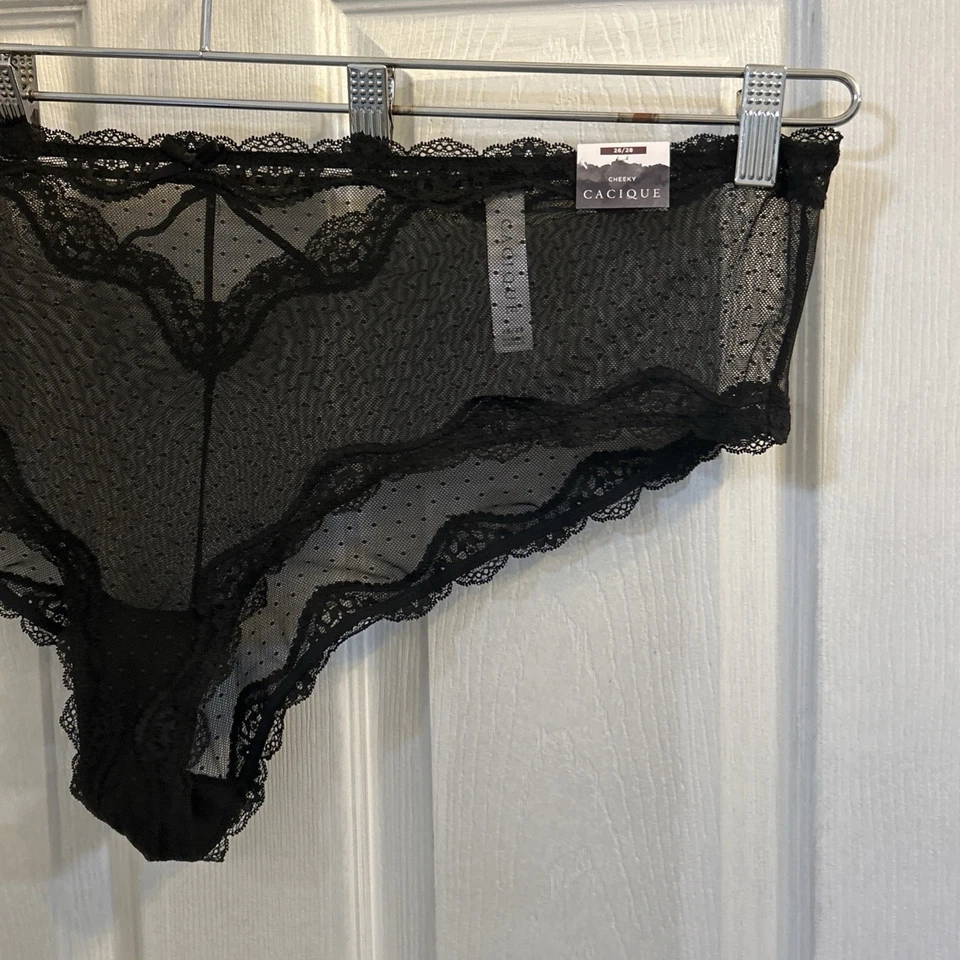 Cacique Cheeky Bragas 26/28 Talla Grande Negro Malla Transparente Encaje Ribete Lencería Nuevo con Etiquetas Foto 3 de 4