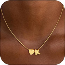 Heart Initial Necklaces for Girls Kids Women - 14K Gold Plated Dainty Heart A-Z