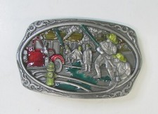 Vintage Metal Belt Buckle 1991 Colorful Enamel Firefighter Fireman Firetruck -B2