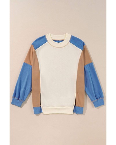 Sky Blue Ribbed Detail Color Block Sleeve Baggy Sweatshirt - XL - Picture 3 of 10