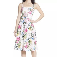 Eliza J White Floral Tafetta Fit & Flare Belted Midi Dress Size 4P