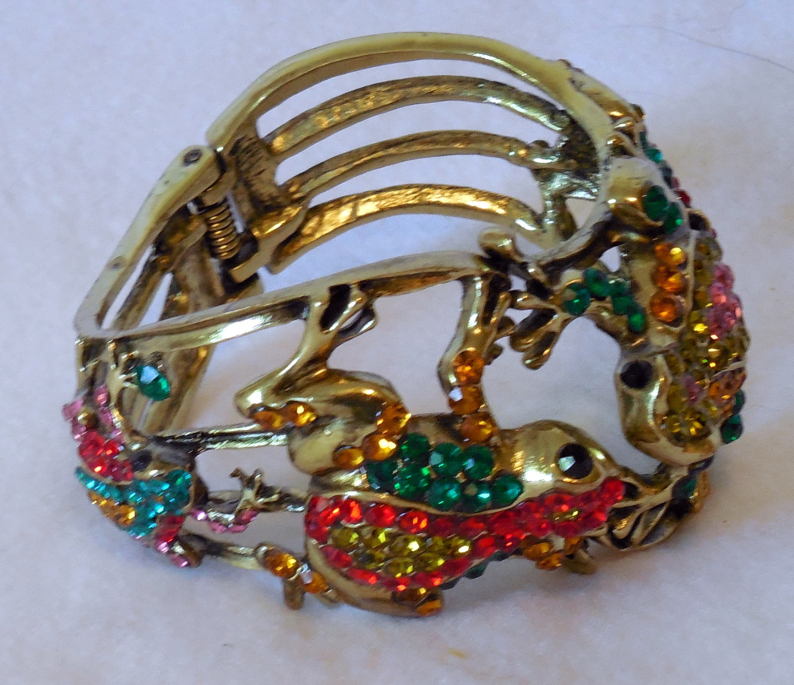 Multi-color Rhinestone Frog hinged cuff Bangle Br… - image 2