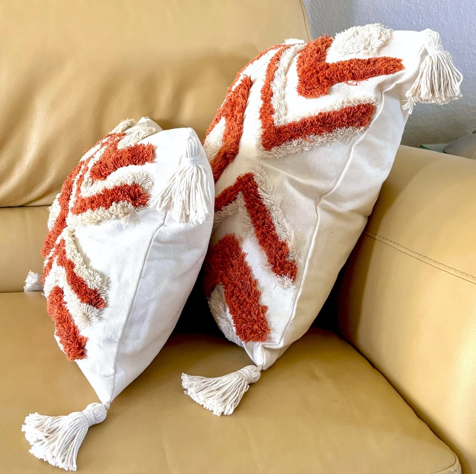 2 Размеры сожженный оранжевый бежевый богемное стеганый геометрические кисточки подушка чехол новый - Изображение 3 из 4