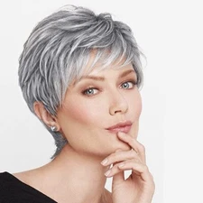 Short Gray Wigs with Bangs Sliver Gray Wigs Pixie Cut Layered for Women Synth...