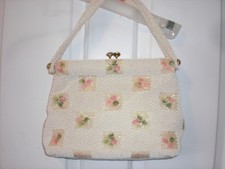 Vintage 1950's Ivory and Roses Evening Beaded Purse