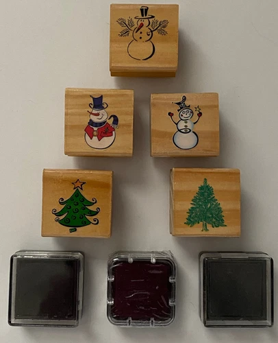 Lot of 5 Rubber/Wood Stamps, Snowman, Christmas Tree, 1.25”