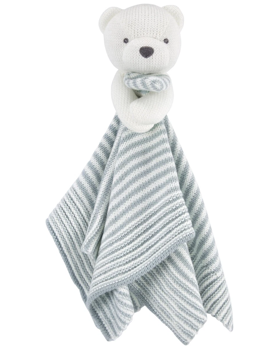 Carters Plush KNIT BEAR Security Blanket Blue Gray White Stripes Lovey 68156