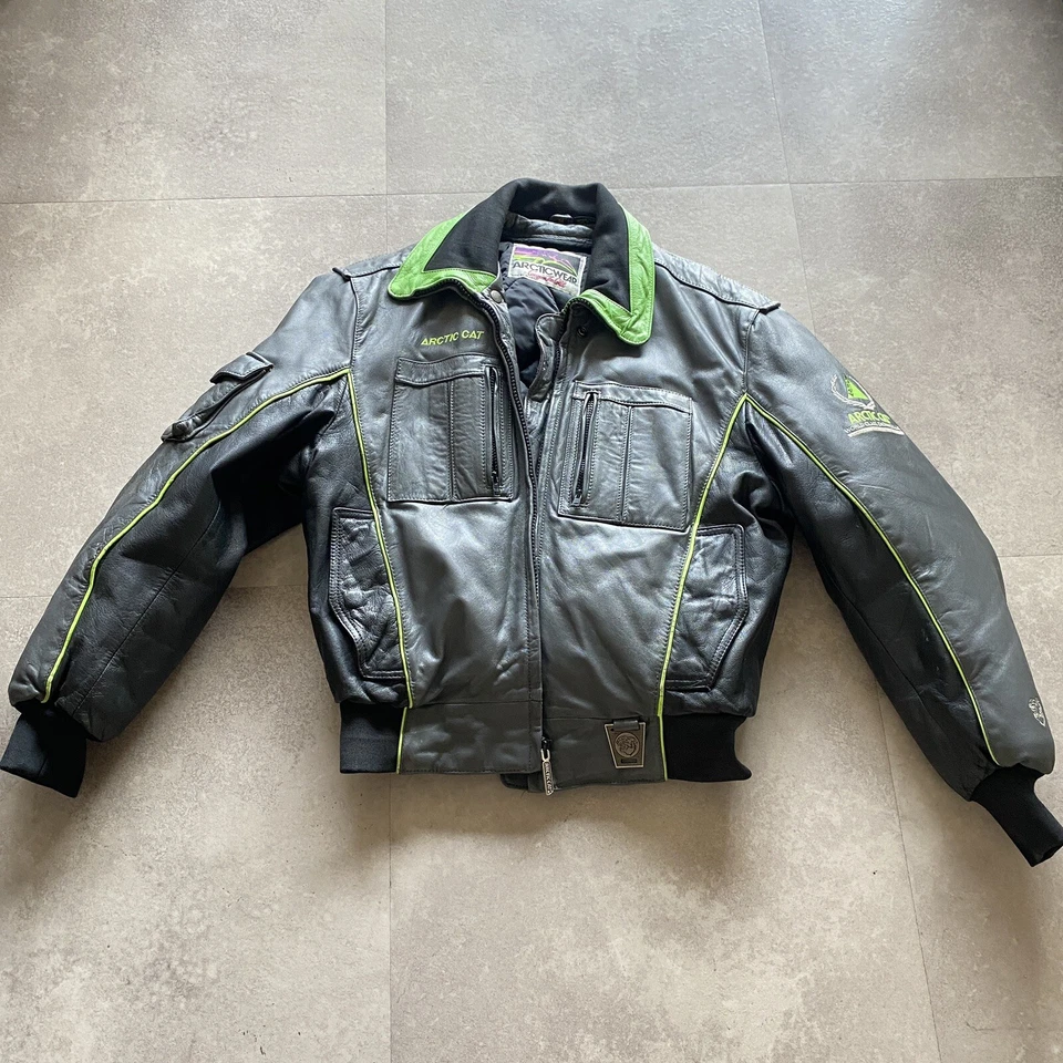 VINTAGE Arcticwear Arctic Cat Leather Snowmobile Racing Jacket Zip out liner MED — 第 2/4 张图片