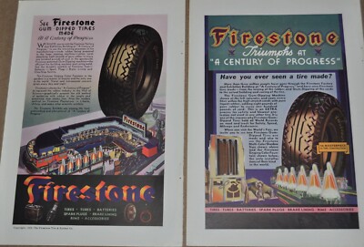 1933 FIRESTONE advertisements x2, Tire making at Century of Progress Chicago